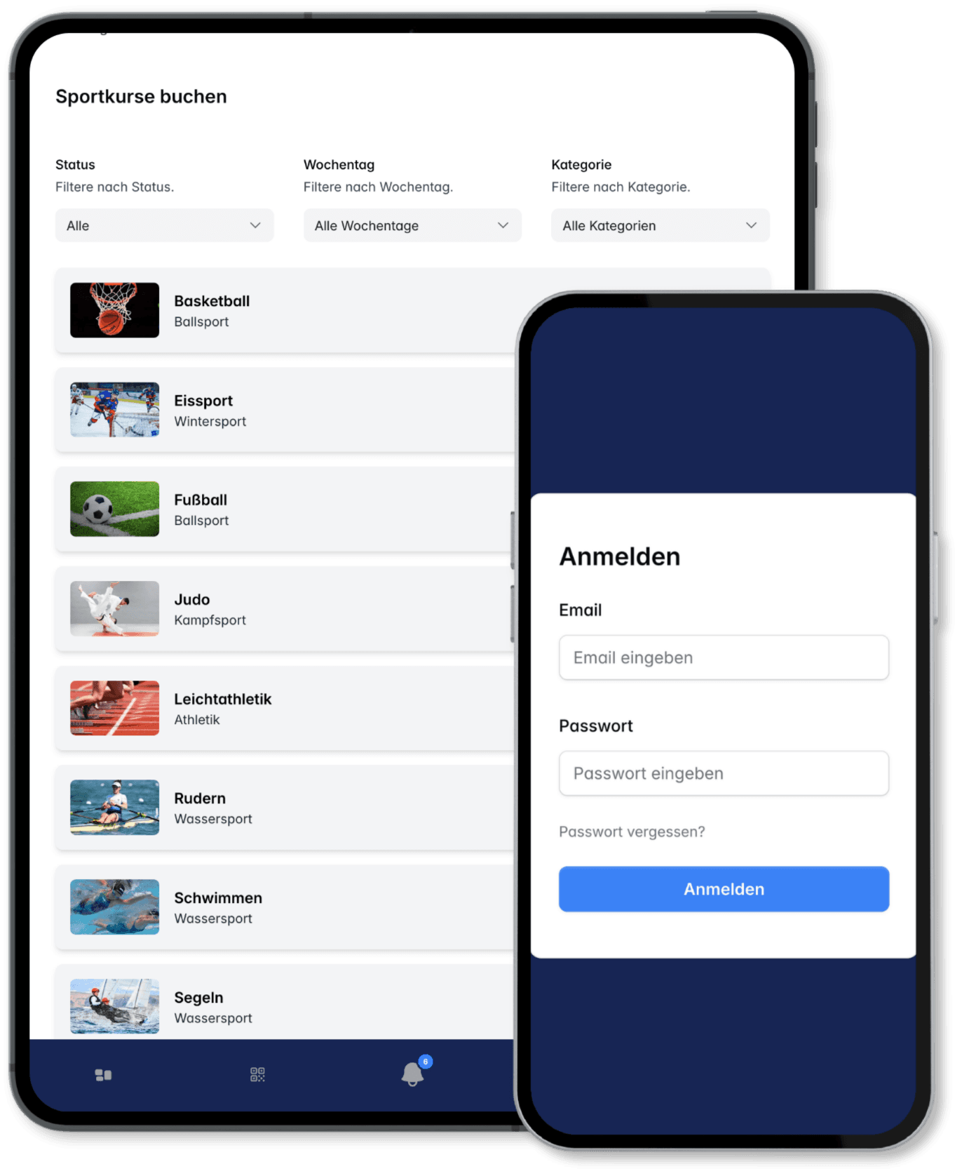 Sportkurse buchen und Login in der mobilen App