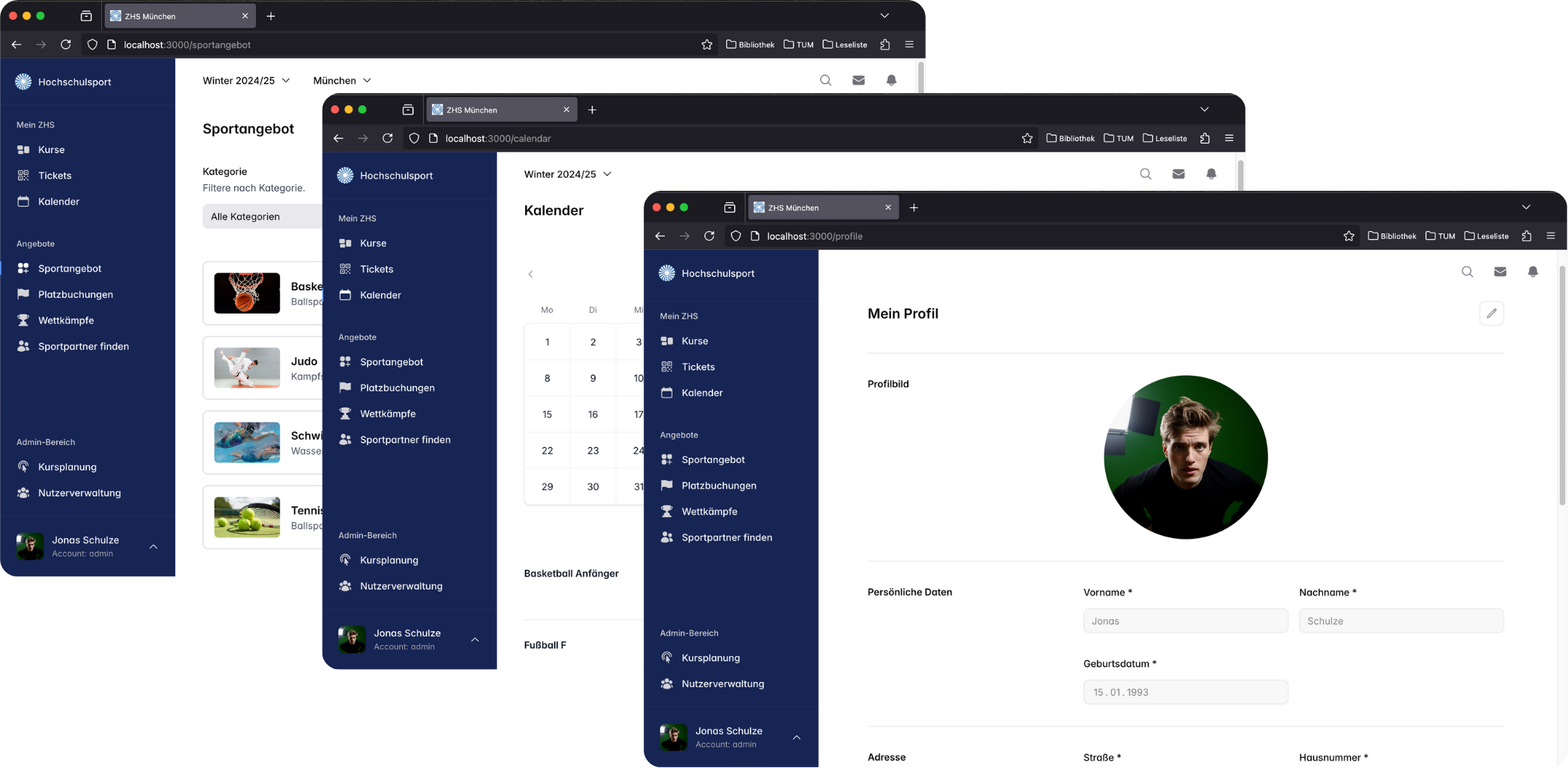 Sportangebot, Kalender und Profilansicht in Unisport Connect
