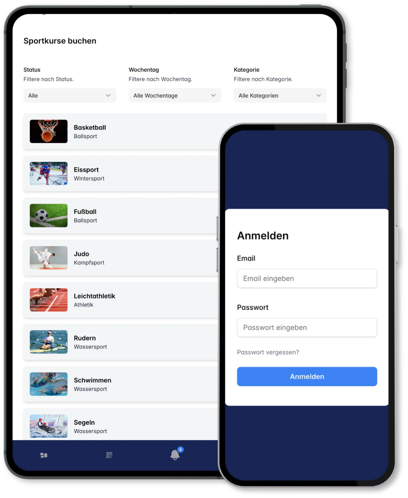 Sportkurse buchen und Login in der mobilen App